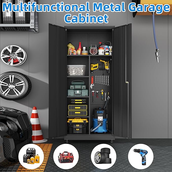 Garage Storage Cabinet with 4 Wheels,Lockable Tool Cabinets with Pegboard and 4 Adjustable Shelves,71" H Broom Closet Cabinets for Utility Room,Workshop,Black