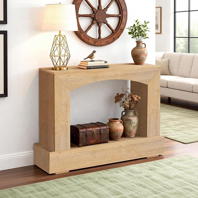 46 Inch Entryway Table U-Shaped, Wooden Console Table with Socket Farmhouse Sofa Table for Entrance, Hallway, Living Room,Behind Couch((Oak Brown)