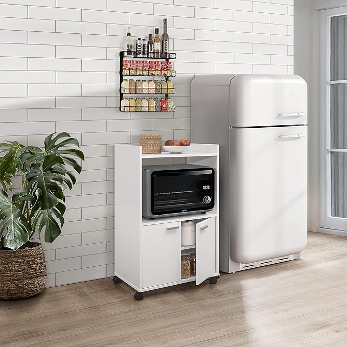 Kings Brand Furniture Ayla Microwave Cabinet with Storage and Upper Shelf for Kitchen Appliances - 2 Door Cabinet Kitchen Storage Cart - Wood Kitchen Cart with Lockable Castors Wheels - White