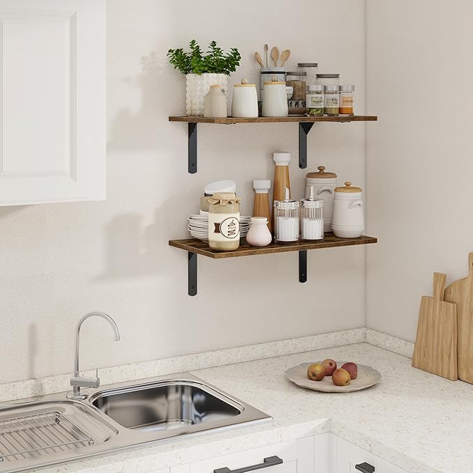 Fun Memories Deep Floating Shelves for Wall, 12 Inch Deep Wall Shelf, 24 Inch Long Floating Shelves with Bracket Set of 2, Rustic Deep Storage Shelf for Bedroom, Living Room, Kitchen, Rustic Brown