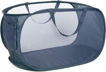 Durable Collapsible Laundry Baskets, Mesh Pop Up Laundry Hamper with Side Pocket, Foldable Clothes Storage Hamper with Reinforced Carry Handles for Laundry, Bathroom, Kids Room, Dorm or Travel Navy