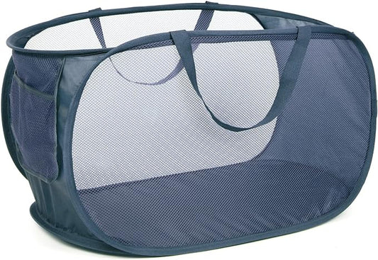Durable Collapsible Laundry Baskets, Mesh Pop Up Laundry Hamper with Side Pocket, Foldable Clothes Storage Hamper with Reinforced Carry Handles for Laundry, Bathroom, Kids Room, Dorm or Travel Navy