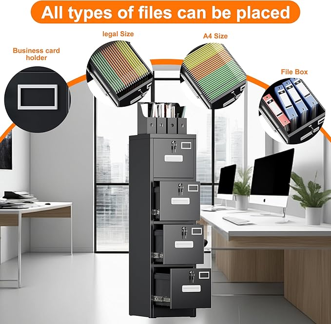 4 Drawer File Cabinet, Metal Vertical Black Filing Cabinets with Lock for Home Office with Name Card Holder for Letter/Legal/A4/F4 Size (Assemble Required)