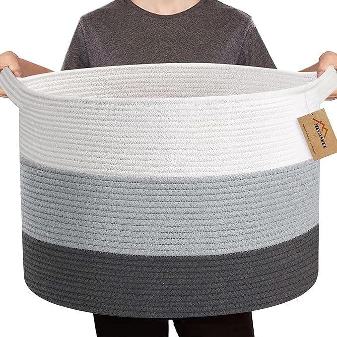 Extra Large Cotton Rope Basket, 22” X 22” X 14” Blanket Storage for Living Room, Soft Kids Dog Toy Bin Box, Woven Round Baskets for Organizing, Big XXL Blanket Pillow Holder Organizer