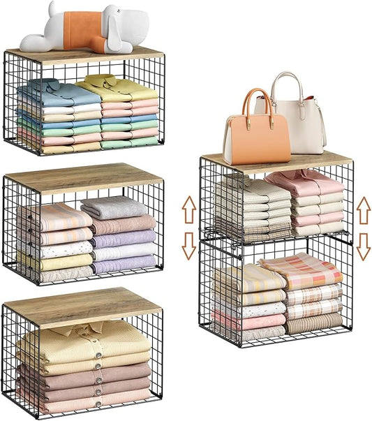 5-Tier Large Stackable Closet Organizer and Storage Basket, Sturdy Closet Shelf Organizer with Wood Top, Stackable Storage Bins Cubes for Clothes with Adjustable Shelf for Wardrobe Organization