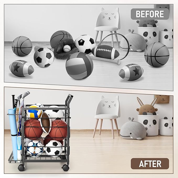 Sports Equipment Garage Organizer,Garage Ball Storage Rack for Sports with Wheels-Upgraded Sports Organizer Rack Outdoor Basketball Racks for Balls with Holder and Hooks (Black)