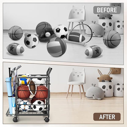 Sports Equipment Garage Organizer,Garage Ball Storage Rack for Sports with Wheels-Upgraded Sports Organizer Rack Outdoor Basketball Racks for Balls with Holder and Hooks (Black)