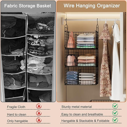 Sonyabecca 3-Tier Extra Large Closet Hanging Organizer with Dividers, Clothes Hanging Shelves with 2 Hanging Hooks & 5 S-Hooks, Wire Storage Baskets for Sweaters, Shoes, Handbags & Accessories