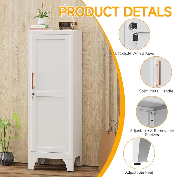 46"H White Metal Pantry Cabinet with 1 Lockable Door and 2 Adjustable Shelves, 3 Tier Small Storage Cabinet with Detachable Legs and Vintage Handle for Kitchen,Home Office,Gym,School,Easy Assembly