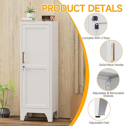 46"H White Metal Locker with 1 Lockable Door and 2 Adjustable Shelves For Employees,3 Tier Small Storage Cabinet with Detachable Legs and Vintage Handle for Kitchen, Office,School,Gym,Easy Assembly