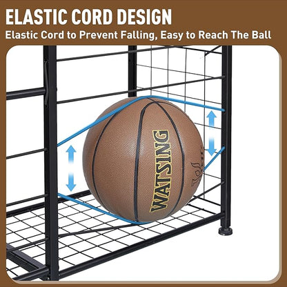 Garage Sports Equipment Organizer with Wheels - Ball Storage Rack with Elastic Rope or Wire Mesh,Garage Organizer System,Indoor/Outdoor Sports Rack for Sports Gear and Toys Storage,Black