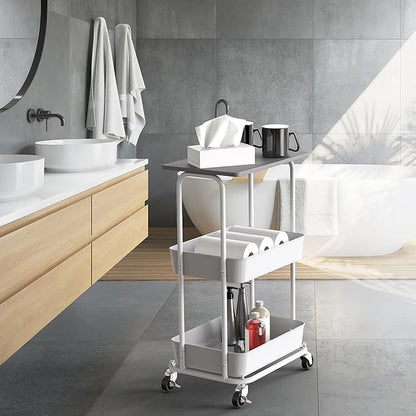 Simple Houseware 2-Tier Rolling Utility Cart with Lockable Wheels and Wood Top, Metal Storage Organizer Trolley for Kitchen, Bathroom, Office, Craft Room, Grey