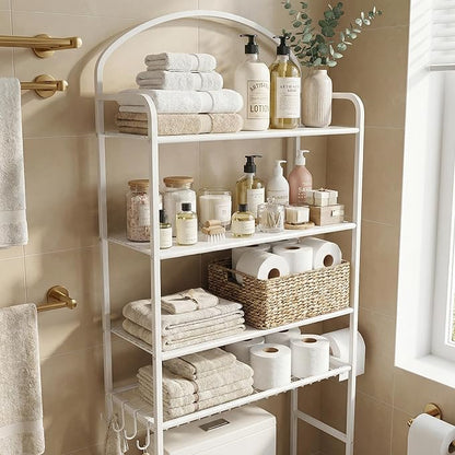 4-Tier Over The Toilet Storage, Bathroom Organizer, Space-Saving, Above Toilet Storage Rack with 4 Hooks and Paper Holder, Metal Shelf, White
