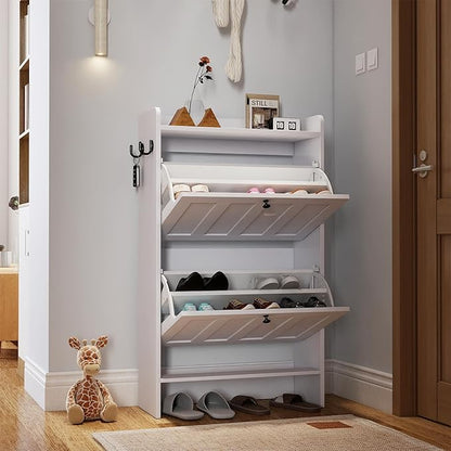 Gizoon Shoe Cabinet with 2 Flip Drawers, Slim Shoe Storage Cabinet for Entryway, Freestanding Narrow Rack with Open Storage, for Hallway, White