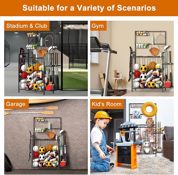 Shinoske Sports Equipment Organizer, Garage Storage Rack With Hooks and Baskets,Multi Use Large capacity Ball Storage Rack for Basketball,Football, Soccer, Bat, Toys,Indoor/Outdoor Use,Black