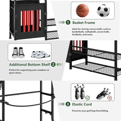 Garage Sports Equipment Organizer, Golf Bag Storage Rack, Organizer for 2 Golf Bag , Indoor/Outdoor Ball Storage Bins for Toy Sports Gear Storage, Ideal for Home, Garage, Club, Shed, Basement
