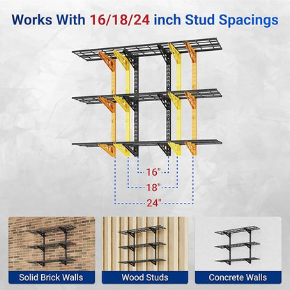 FLEXIMOUNTS 2 Pack 3-Tier 1x4ft Garage Storage Wall Shelving, 12x48inch per Shelf Height Adjustable Floating Shelves, Heavy Duty Wall Mounted Shelve, 1200lbs Weight Capacity, Black, Classic Series