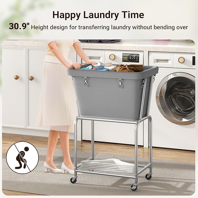 ELYKEN Rolling Laundry Hamper with Wheels, Laundry Cart with Removable Bag, Heavy Duty Metal Frame, 2-Tier Clothes Basket Hamper with Shelf for Closet, Bedroom, Bathroom, Laundry Room, Gray