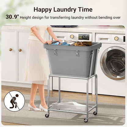 ELYKEN Rolling Laundry Hamper with Wheels, Laundry Cart with Removable Bag, Heavy Duty Metal Frame, 2-Tier Clothes Basket Hamper with Shelf for Closet, Bedroom, Bathroom, Laundry Room, Gray
