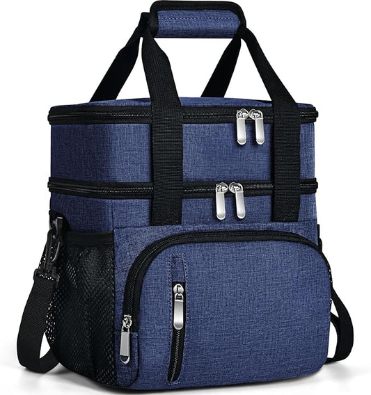 Insulated Lunch Bag for Men & Women, Double Leakproof Lunch Box Soft Cooler Tote with 5 Pockets, 600D Oxford, EVA Lining, Adjustable Strap for Work, Picnic, Beach&Travel-Navy Blue