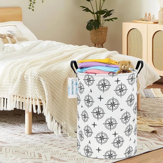 LANGYASHAN Laundry Basket Canvas Fabric Collapsible Organizer Basket for Storage Bin Toy Bins Gift Baskets Bedroom Clothes Children Nursery Hamper (Black Compass)