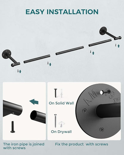 OROPY Industrial Pipe Clothing Rack, Wall Mounted Clothes Rack, Closet Rods For Hanging Clothes, 33" Multi-purpose Hanging Rod for Laundry Room, Bedroom and Closet Storage