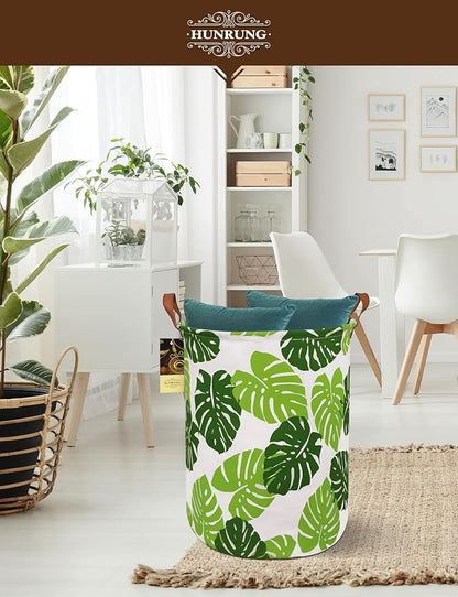 HUNRUNG Laundry Hamper,Large Canvas Fabric Lightweight Storage Basket Toy Organizer Dirty Clothes Collapsible Waterproof for College Dorms, Children Bedroom,Bathroom (Round Leaf)