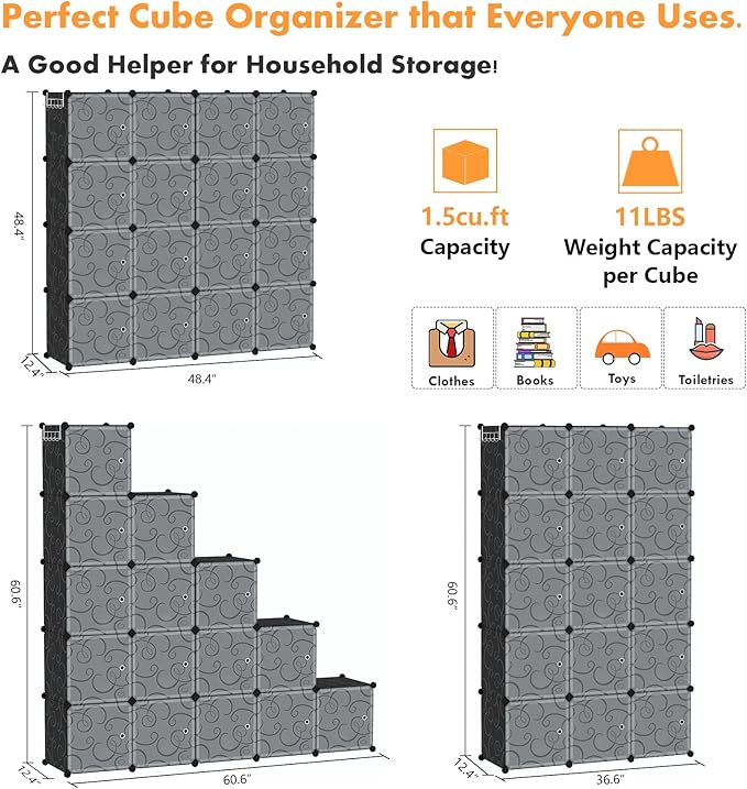 C&AHOME Cube Storage Organizer, 16-Cube Storage Shelving with Doors, Modular Book Shelf, Plastic Shelves Organizing Units, Ideal for Bedroom Living Room 48.4" L × 12.4" W × 48.4" H Black SHS3016B-DOOR