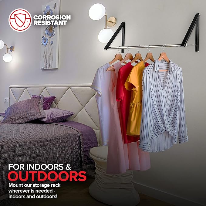 Double Foldable Clothing Rack w/ Extension Rod, Wall-Mounted Retractable Clothes Hanger for Laundry Dryer Room, Hanging Drying Rod, Small Collapsible Folding Garment Racks, Dorm Accessories (Black)