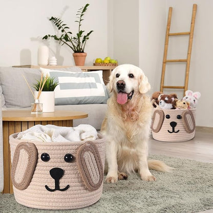 Zopeal Dog Woven Basket, 7.9" D x 6" H Cotton Rope Toy Storage Organizer, Dog Mom Gift Empty, Cute Laundry Puppy Gift Animal Basket for Clothes, Towels, Toy, Laundry, Bathroom, Home(Khaki, Beige)