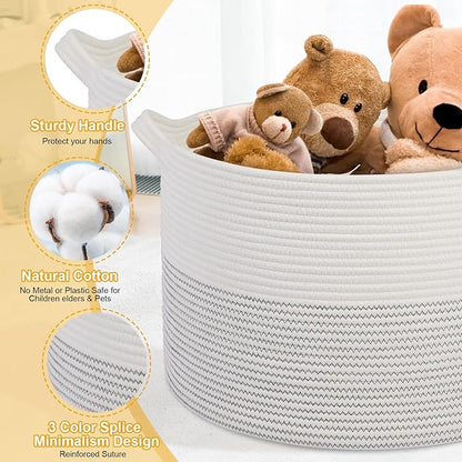 Large Girl Laundry Basket,20''x13''Woven Cotton Rope Laundry Hamper,Baby Blanket Basket for Living Room;Toy storage;Woven basket;Nursery Hamper,Storage Bin,Home Room Decor (White)