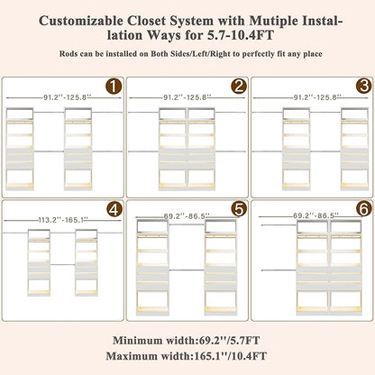 Closet System, 5.7-10.4FT Closet Organizer System with 6 Wood Drawers & LED Glasstop, Wood Walk-in Closet with 10 Hanging Rods & Trouser Rack, Built-in Wardrobe Garment Rack with Shelves & Tower,White