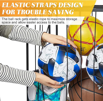 Garage Ball Storage Wall-Mounted & Floor Sports Equipment Organizer: Sports Ball Rack with Elastic Rope, Holder for Basketball, Soccer, Volleyball, Football, Garage, Gym, Black(Patent Pending)