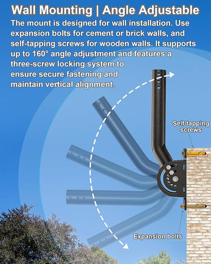 Heavy Duty Antenna Mount, 1-Pack 13 in Three-Screw Locking Pivot J-Pole for Wall, Eave or Roof, 1.38 in OD, Expandable Mast for TV Antenna, Access Point, Bridge, Weather Station or Starlink Setups