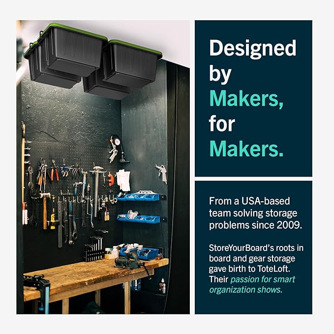 StoreYourBoard Overhead Tote Loft Bin Rail System - Garage Ceiling Bin Rack for Garage Storage - Adjustable Tote Slide Rails - Organization and Storage for 8 Bins - Black