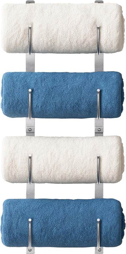 Bathroom Rolled Towel Rack: 4-Tier Wall Mounted Towel Storage Holder, Hanging Organizer for Towels, Blankets, Large Bath Sheets, Space Saving in RV, Closet, Toilet, Cabinet, Silver