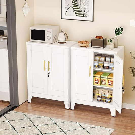 White Metal Pantry Cabinet with Lock(Two Units), Sideboard Buffet Storage Cabient with Doors and 2 Adjustable Shelves, Multifunctional Kitchen Cupboard for Home Office, Buffet Table