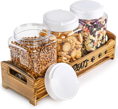 Dog Treats Container with 3 Plastic Jars, Dog Food Storage Canister with Wooden Stand, Airtight Pet Treat Holder for Dogs and Cats, Dog Snacks Treat Organizer with Scoop for Kitchen Counter