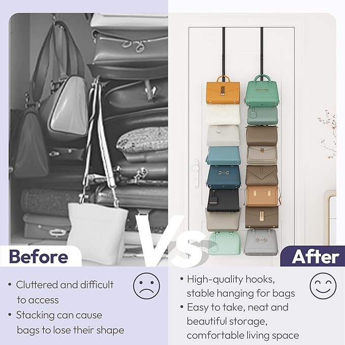 SWTYMIKI Over The Door Purse Organizer - 2 Packs Wall Mounted Purse Rack with 8 Hooks Design, Hanging Handbag Organizer Storage Holds up to 16 Bags, Bag Rack for Closet, Door (Black)