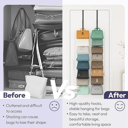 SWTYMIKI Over The Door Purse Organizer - 2 Packs Wall Mounted Purse Rack with 8 Hooks Design, Hanging Handbag Organizer Storage Holds up to 16 Bags, Bag Rack for Closet, Door (Black)