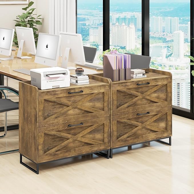 File Cabinet 2 Drawers Lateral File Cabinet with Charging Station for Letter/Legal/A4 Size Hanging Files, Large Wood File Storage Cabinets Printer Stand for Home Office, Brown