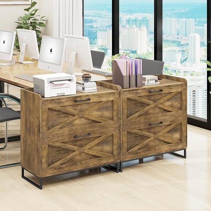 File Cabinet 2 Drawers Lateral File Cabinet with Charging Station for Letter/Legal/A4 Size Hanging Files, Large Wood File Storage Cabinets Printer Stand for Home Office, Brown