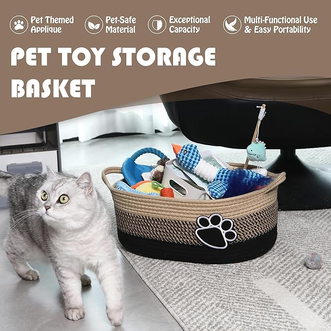 Sea Team Pet Toy Storage Basket with Handles, 16.5 x 11 x 7 Inches, 4.4 Gallons Large Cotton Rope Storage Bin, Shelf Basket, Organizer for Cat, Dog Chew Toys, Foods, Flaxen & Black Paws