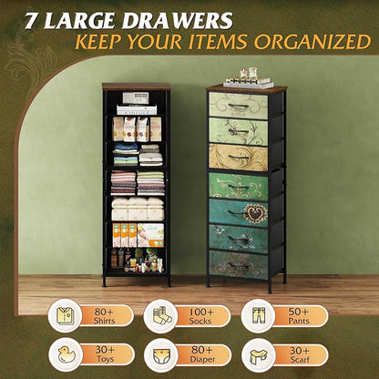 WLIVE Tall Dresser for Bedroom, 7 Drawer Dressers & Chests of Drawers, Fabric Dresser for Closet, Living Room, Night Stand with Metal Frame, Storage Tower with Fabric Bins, Wood Top, Floral Painted