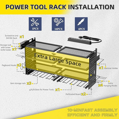 Power Tool Organizer Wall Mount with Charging Station, Drill Holder, Heavy Duty Storage Utility Racks, Supports 600 lbs,Battery Shelf for Garage and Workbench (32 Inch 8 Drills Holder)