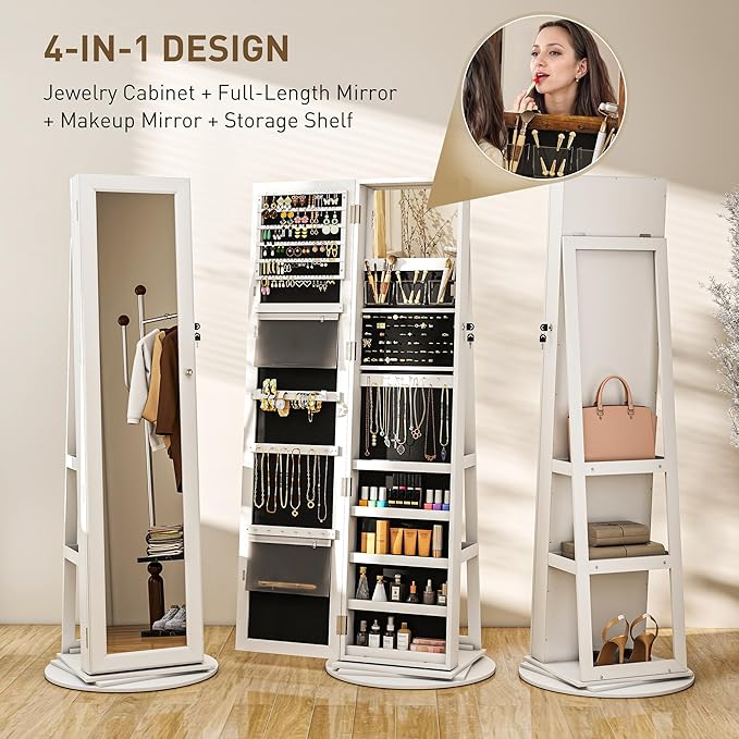 HOMCOM 360° Swivel Jewelry Cabinet, Lockable Jewelry Armoire Organizer with Full-Length Mirror, Back Storage Shelves, Interior Small Mirror, for Bedroom Living Room, White
