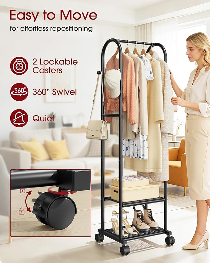 Clothes Rack - Space-Saving Clothing Rack with Wheels, 2-Tier Dense Mesh Shoe Shelves & 4 Hooks, Garment Rack for Bedroom, Entryway, Closet, 18.4" x 12.6" x 72", Black