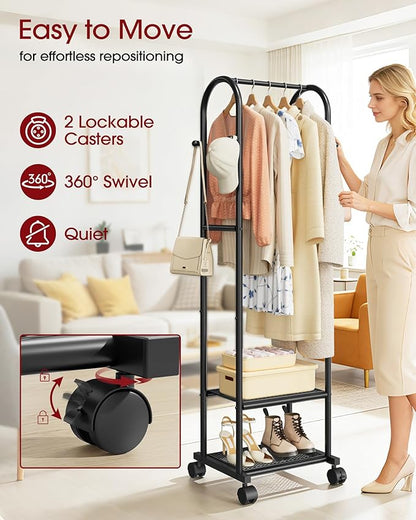 Clothes Rack - Space-Saving Clothing Rack with Wheels, 2-Tier Dense Mesh Shoe Shelves & 4 Hooks, Garment Rack for Bedroom, Entryway, Closet, 18.4" x 12.6" x 72", Black