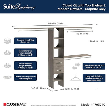 ClosetMaid SuiteSymphony Wood Closet Organizer Kit with Tower, 3 Hang Rods, Top Shelves, 2 Drawers, Modern, Fits Spaces 5 - 9 ft. Wide, Graphite Grey