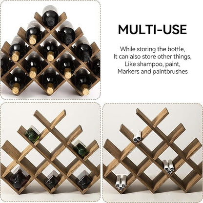 KIRIGEN 13-Bottle Wine Rack 4-Tier Nature Wood Wine Display Rack/Standing and Countertop Storage Shelf - Bottle Holder/Cabinet Glass 4-Layer Dark Brown XHJJ4-DBR